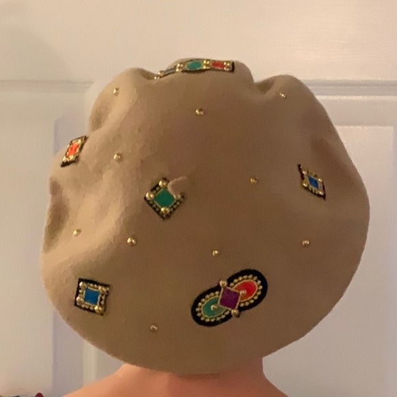 FINESSE ladies tan wool hat with beaded embellishments. - Picture 3 of 5